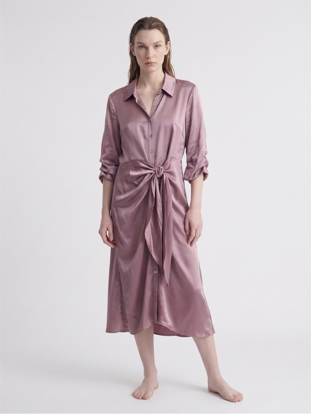 cinq a sept Satin Tie-Waist Midi Dress in Mauve